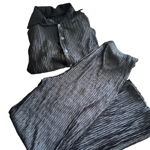 NEW Womens Casual 2 Piece Pleated Short Sleeve Button Blouse Top Wide Leg Loose - Picture 2 of 8